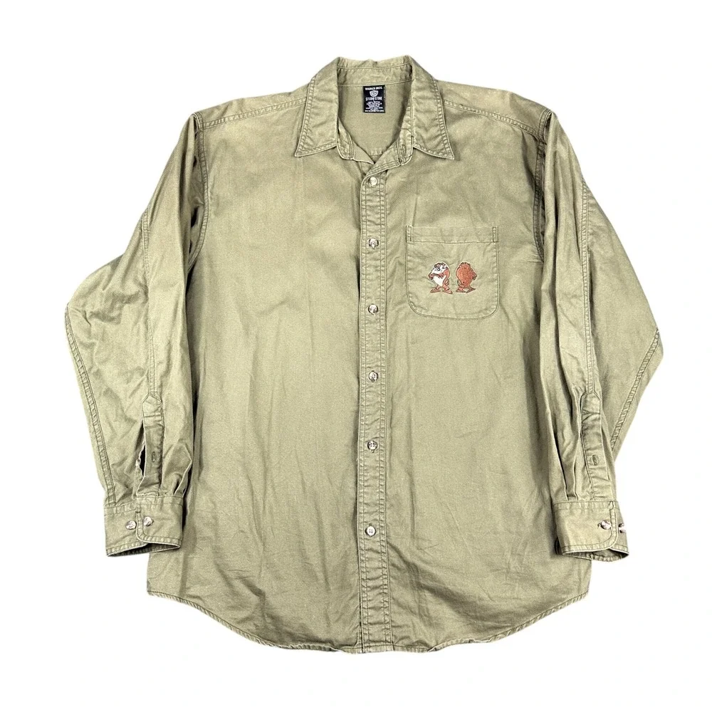 Vintage 1997 Warner Bros Looney Tunes Taz Tasmanian Devil Olive Button Down L